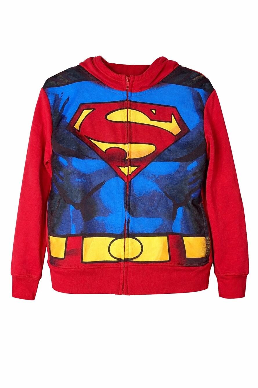 Blue Red Boys Superman Zip Up Long Sleeve Hoodie Superhero Jacket Size Medium